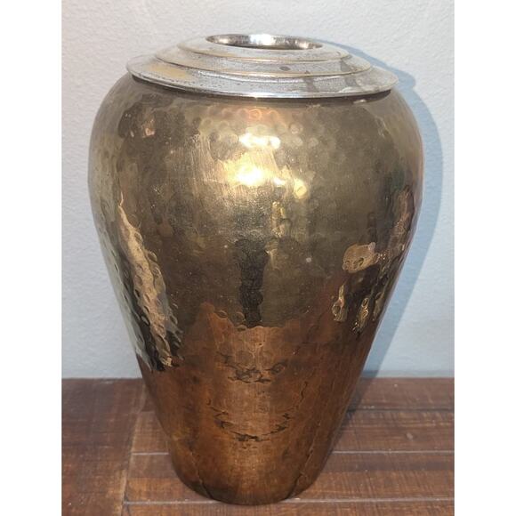 Vintage Brass Hammered Ringed Top Decorative Vase Made in India 13 inches Tall - Picture 1 of 6
